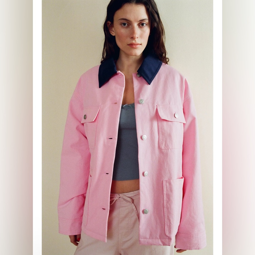 ZARA PINK COTTON CONTRAST COLLAR CHORE COAT / BARN JACKET M/L NWT